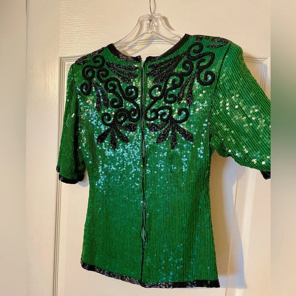 Vintage Justine Todd 100% Silk Green Beaded Sequin Top Size XS Petite Party Fest - Picture 3 of 6